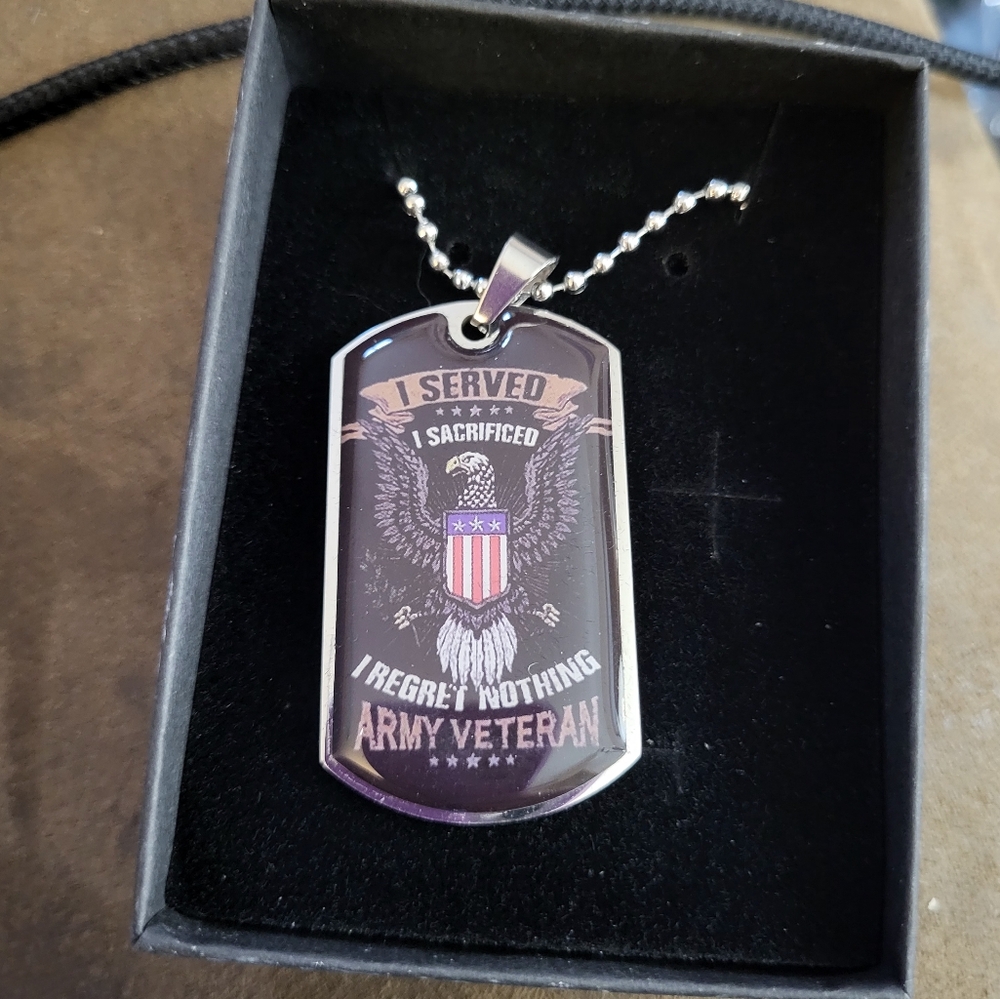 Army Veteran Dog Tag Necklace - Black and Silver